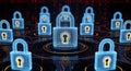 Digital security concept with glowing padlock icons and binary code representing cyber protection and data encryption Royalty Free Stock Photo