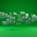Multiple translucent display screens float in a green environment, each showing data Royalty Free Stock Photo