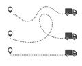 Multiple truck trakes with dotted lines. Pin map location of truck delivery on route icon design element on white background