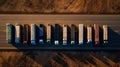 Overhead view captures multiple trucks lined up on a rural highway during daytime Royalty Free Stock Photo