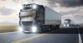 Multiple trucks with trailer driving on a remote highway through a landscape at dusk