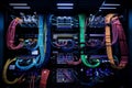 Multiple twisted-pair cables plugged into network switches. Generative AI
