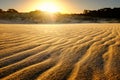 Sand dune with multiple undulated waves at sunset.