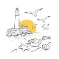 Multiple valuesHand drawn vector sketch with bottle, gulls, sun and lighthouse. Beach with seashells and sea star.  Marine Royalty Free Stock Photo