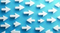 Multiple white arrows on blue background symbolizing choices, decisions, and life directions Royalty Free Stock Photo