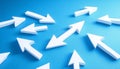 Multiple White Arrows Pointing in Different, Random Directions, Isolated on a Blue Background.