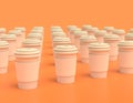 Multiple white plastic coffee cups in a row on yellow orange background, flat colors, single color disposable paper cup, 3d Royalty Free Stock Photo