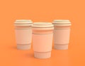 Multiple white plastic coffee cups in a row on yellow orange background, flat colors, single color disposable paper cup, 3d Royalty Free Stock Photo