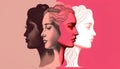 Multiple women faces silhouettes. Graphic illustration on pastel pink background. Portrait of women.