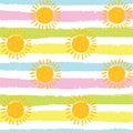 Multiple yellow suns and colourful stripes on white background