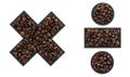 Multiplication and division sign made from coffee beans on a white background.