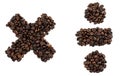 Multiplication and division sign made from coffee beans on a white background.