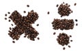 Multiplication and division sign made from coffee beans on a white background.