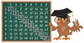 Multiplication table on chalkboard. Owl teacher shows Pythagoras table