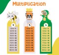 Cute cartoon vector animals dress in Halloween costume multiplication table charts for kids.