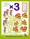 Multiplication table by 3 for kids. Count the quantity of mushrooms, find the way and draw lines till baskets. Educational page.