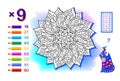 Multiplication table by 9 for kids. Math education. Coloring book. Solve examples and color oriental mandala. Logic puzzle game.