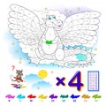 Multiplication table by 4 for kids. Math education. Coloring book. Solve examples and paint the dragon. Logic puzzle game.