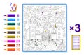 Multiplication table by 3 for kids. Math education. Coloring book. Solve examples and paint the picture. Logic puzzle game.