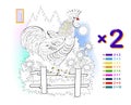 Multiplication table by 2 for kids. Math education. Coloring book. Solve examples and paint the rooster. Logic puzzle game. Royalty Free Stock Photo