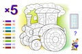 Multiplication table by 5 for kids. Math education. Coloring book. Solve examples and paint the tractor. Logic puzzle game.