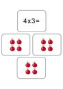 Multiplication table of 4. Maths card with an example, drawing. Multiplication Square, vector illustration. Printed