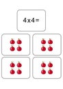 Multiplication table of 4. Maths card with an example, drawing. Multiplication Square, vector illustration. Printed