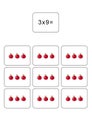 Multiplication table of 3. Maths card with an example, drawing. Multiplication Square, vector illustration. Printed