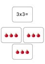 Multiplication table of 3. Maths card with an example, drawing. Multiplication Square, vector illustration. Printed