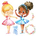 Multiracial Ballerina Child Friendship Concept. African American Ballet Dancer Princess Character Jump. Cute Caucasian Royalty Free Stock Photo