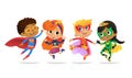 Multiracial Boys and Girls, wearing colorful costumes of superheroes, happy jump. Cartoon vector characters of Kid Royalty Free Stock Photo