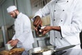 Multiracial chefs team cooking and seasoning Royalty Free Stock Photo