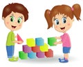 Multiracial children build tower with blocks. Kids play using kit with bright colored cubes