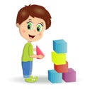 Multiracial children build tower with blocks. Kids play using kit with bright colored cubes