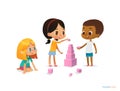 Multiracial children build tower with pink blocks. Kids play using kit