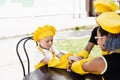 Multiracial children cook touching hands together forming pile. Friendship of multinational kids. Childhood. cooks in