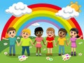 Multiracial Children kids hand in hand meadow rainbow