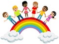 Multiracial Children kids hand in hand standing rainbow isolated