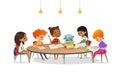 Multiracial children sitting around round table with pile of books on it and listening to girl reading aloud. School Royalty Free Stock Photo