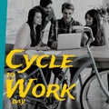 Multiracial colleagues working over laptop and bicycle by table in office and cycle to work day text