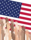 Multiracial Colorful Peoples` Hands Raised. illustration of Human Rights Day background.