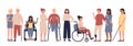 Multiracial disabled people with friends characters flat vector illustration set Royalty Free Stock Photo