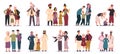 Multiracial families. Happy mothers, fathers and children, smiling family portrait. Cartoon family members vector