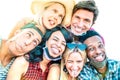 Happy friends taking crazy selfie with open face masks - New normal friendship concept with young people having fun together Royalty Free Stock Photo