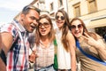 Multiracial friends taking selfie at city tour - Happy friendship concept with gen z student having fun together - Millenial Royalty Free Stock Photo