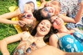 Multiracial girlfriends taking selfie at countryside picnic Royalty Free Stock Photo