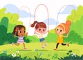 Multiracial girls playing jumping rope in the Park. Vector Royalty Free Stock Photo