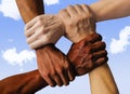 Multiracial group with black african American Caucasian and Asian hands holding each other wrist in tolerance unity love and anti