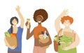 Multiracial group of happy joyful woman, holding zero waste products, waving hands and showing OK sign. Ecological and