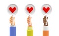 Multiracial hands holding round boards with red hearts icons or likes signs. Arms cartoon males characters is raised